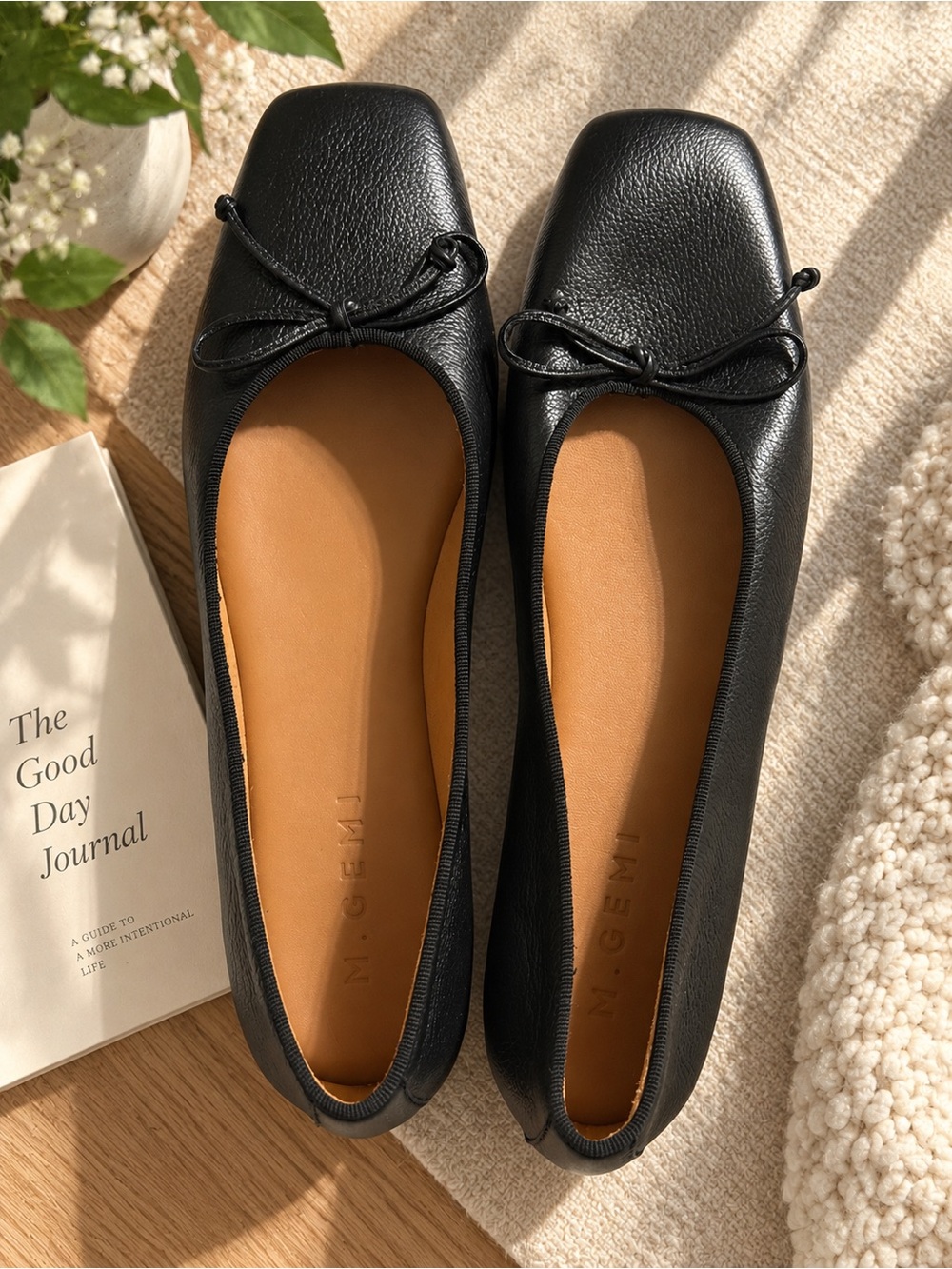 M. Gemi Black Leather Square-Toe Ballet Flats with Bow Trim